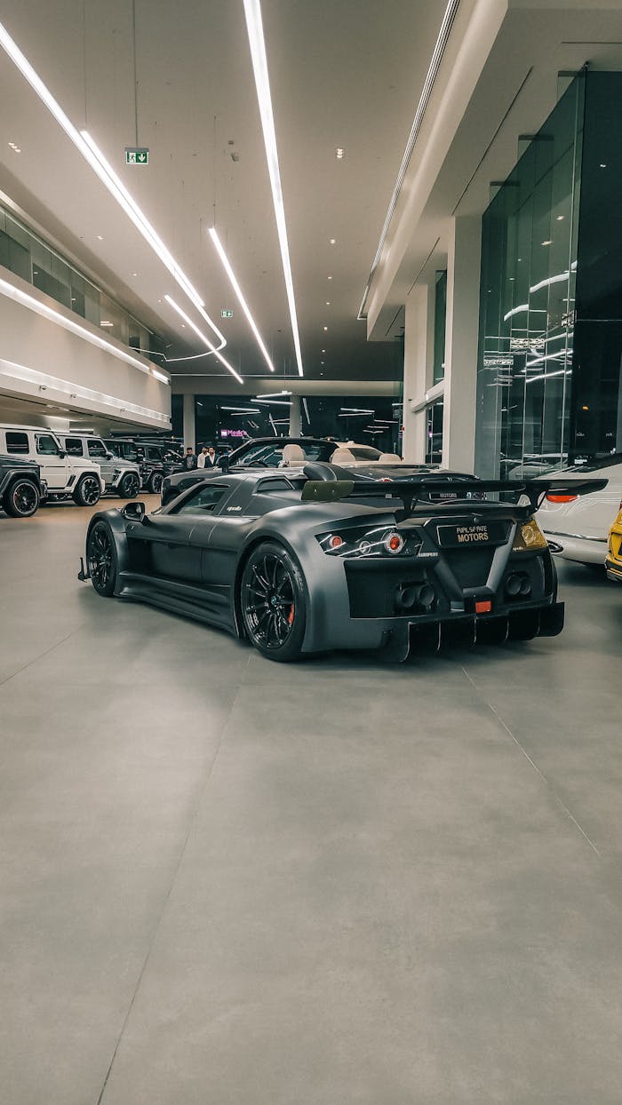 Sleek sports car showcased in modern indoor showroom, highlighting luxury automotive design.