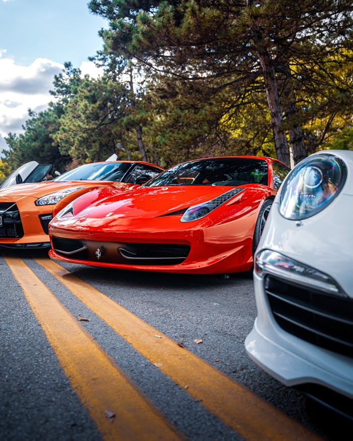 Showcasing luxurious sports cars lined up on a scenic Ankara road.